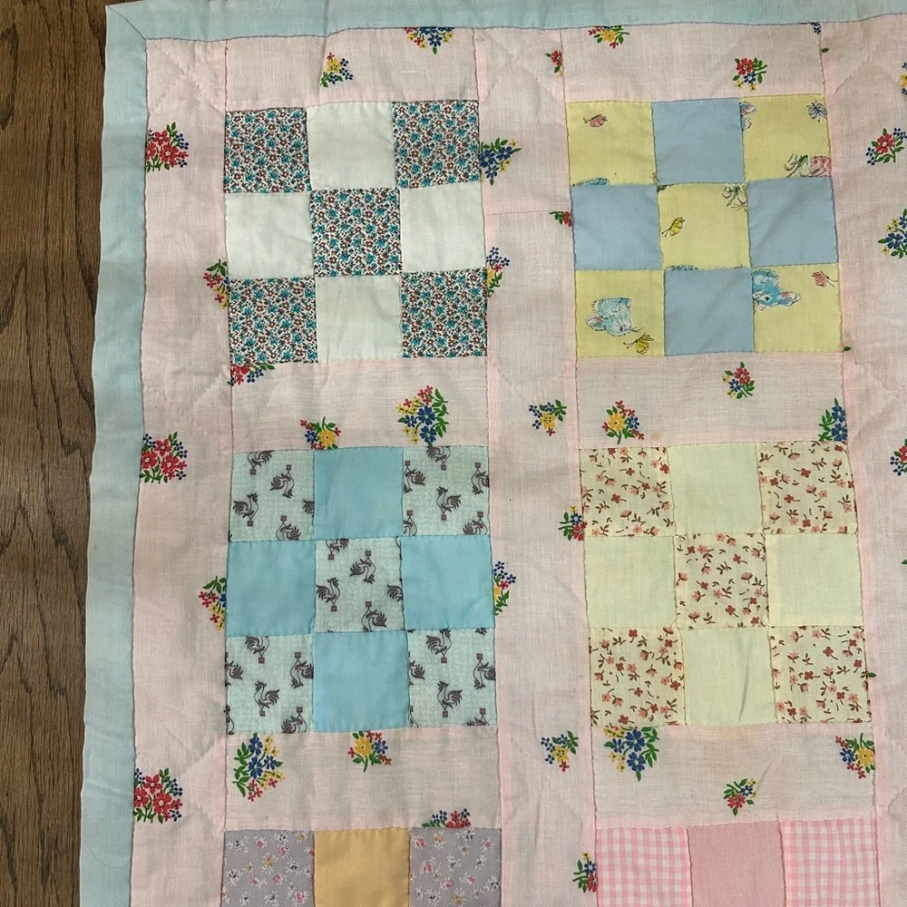 Handmade 9 Patch Pattern Baby Girl Quilt 36.6x52.5” Floral Bunnies Rooster